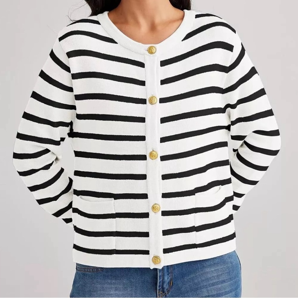 LILLUSORY Women's Crew Neck Gold Buttons Cardigan Sweater Nautical Jacket Sz M